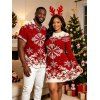 Vintage Christmas Couple Outfit Colorblock Snowflake Print Bell Sleeve A Line Mini Sweater Dress and Shirt Set - Rouge Vineux S | US 4
