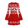 Christmas Dress Elk Snowflake Geometric Print Bell Sleeve A Line Mini Dress - Rouge XL | US 12