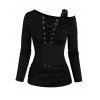 Gothic Top Solid Color Lace Up Grommet Buckle Strap Skew Neck Long Sleeve Pullover Top - Noir XXL | US 14