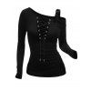 Gothic Top Solid Color Lace Up Grommet Buckle Strap Skew Neck Long Sleeve Pullover Top - Noir XXL | US 14