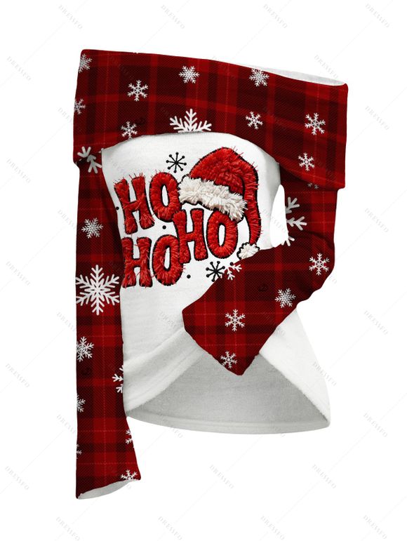 Vintage Christmas Women Outfit Plaid Snowflake Letter Christmas Hat Print Off the Shoulder Top and Lace Up Flare Jeans Set - Rouge Vineux S | US 4