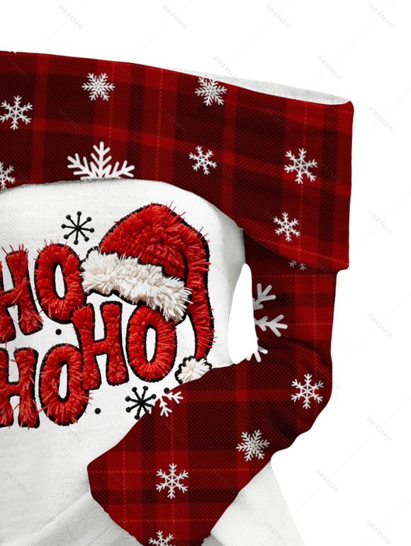 Vintage Christmas Women Outfit Plaid Snowflake Letter Christmas Hat Print Off the Shoulder Top and Lace Up Flare Jeans Set - Rouge Vineux S | US 4