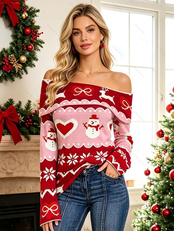 Christmas Top Elk Snowman Snowflake Heart Bowknot Print Foldover Off the Shoulder Top - Rouge Vineux S | US 4