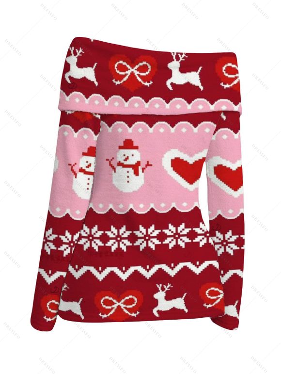 Christmas Top Elk Snowman Snowflake Heart Bowknot Print Foldover Off the Shoulder Top - Rouge Vineux S | US 4