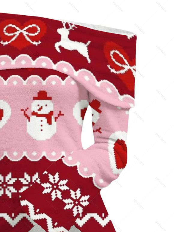 Christmas Top Elk Snowman Snowflake Heart Bowknot Print Foldover Off the Shoulder Top - Rouge Vineux S | US 4