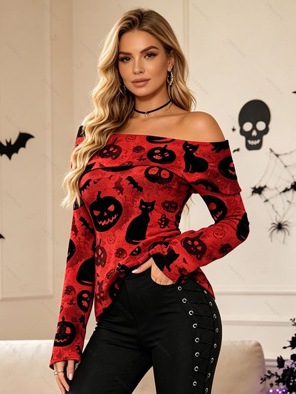 Gothic Halloween Top Black Cat Bat Pumpkin Print Foldover Off the Shoulder Long Sleeve Top - Rouge Vineux XL | US 12
