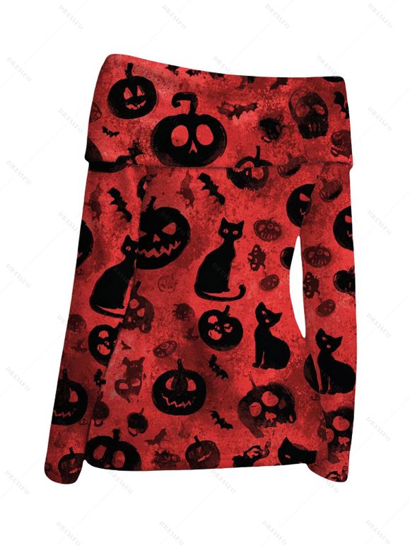 Gothic Halloween Top Black Cat Bat Pumpkin Print Foldover Off the Shoulder Long Sleeve Top - Rouge Vineux XL | US 12