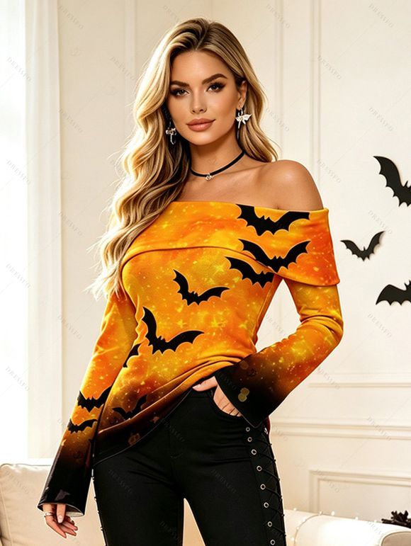 Halloween Top Galaxy Bat Print Ombre Foldover Off the Shoulder Long Sleeve Top - Orange XL | US 12