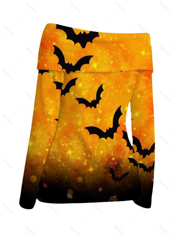 Halloween Top Galaxy Bat Print Ombre Foldover Off the Shoulder Long Sleeve Top - Orange XL | US 12