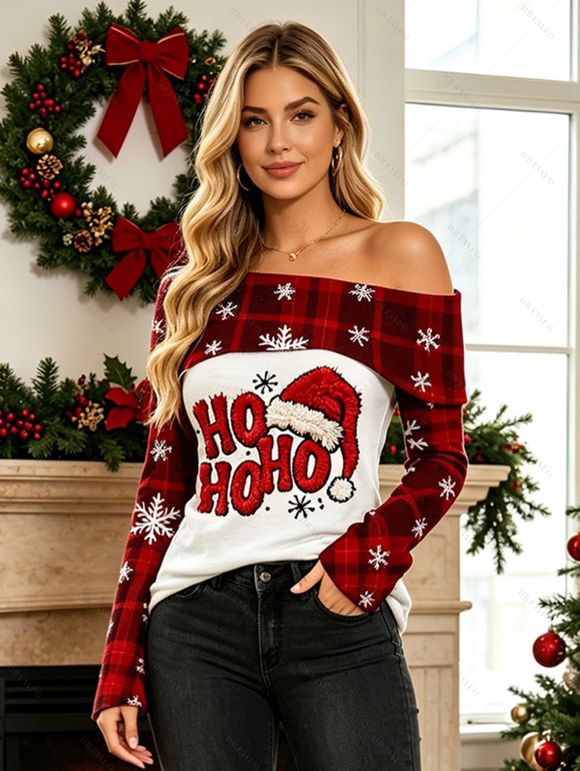 Vintage Christmas Top Plaid Snowflake Letter Christmas Hat Print Foldover Off the Shoulder Top - Rouge Vineux S | US 4