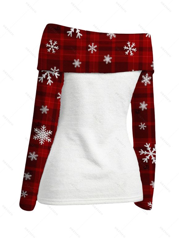 Vintage Christmas Top Plaid Snowflake Letter Christmas Hat Print Foldover Off the Shoulder Top - Rouge Vineux S | US 4