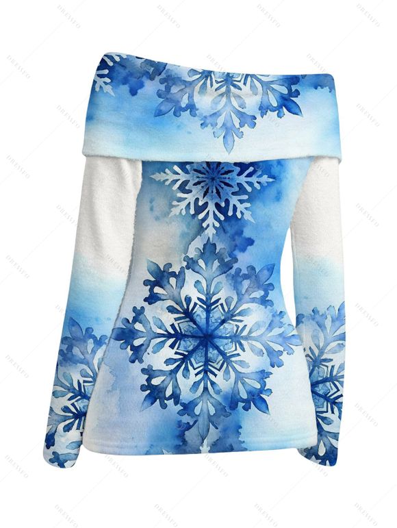 Christmas Top Watercolor Ombre Snowflake Print Foldover Off the Shoulder Top - Bleu XL | US 12