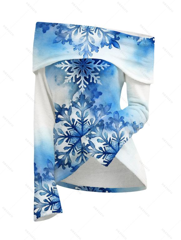 Christmas Women Outfit Watercolor Ombre Snowflake Print Foldover Off the Shoulder Top and Lace Up Pockets Demin Flare Jeans Set - Bleu S | US 4