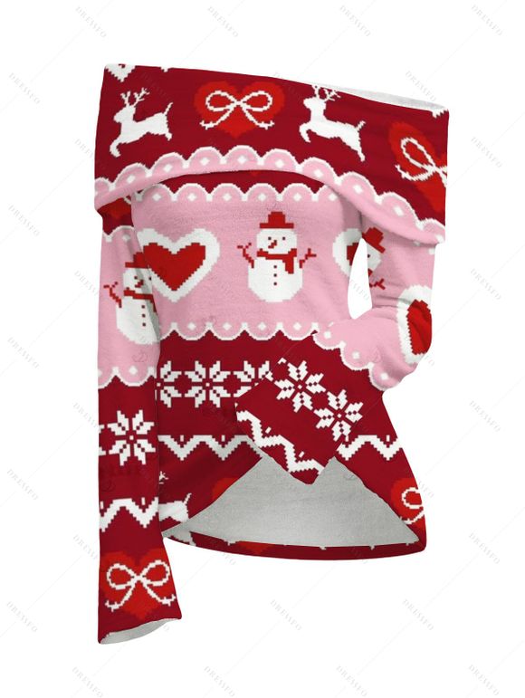 Christmas Women Outfit Elk Snowman Snowflake Print Foldover Off the Shoulder Top and Topstitching Flare Jeans Set - Rouge Vineux S | US 4