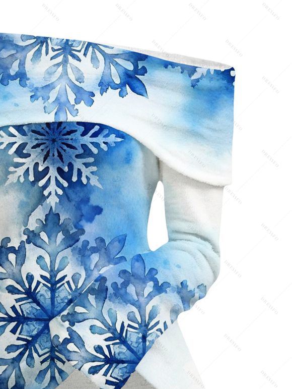 Christmas Women Outfit Watercolor Ombre Snowflake Print Foldover Off the Shoulder Top and Lace Up Pockets Demin Flare Jeans Set - Bleu S | US 4