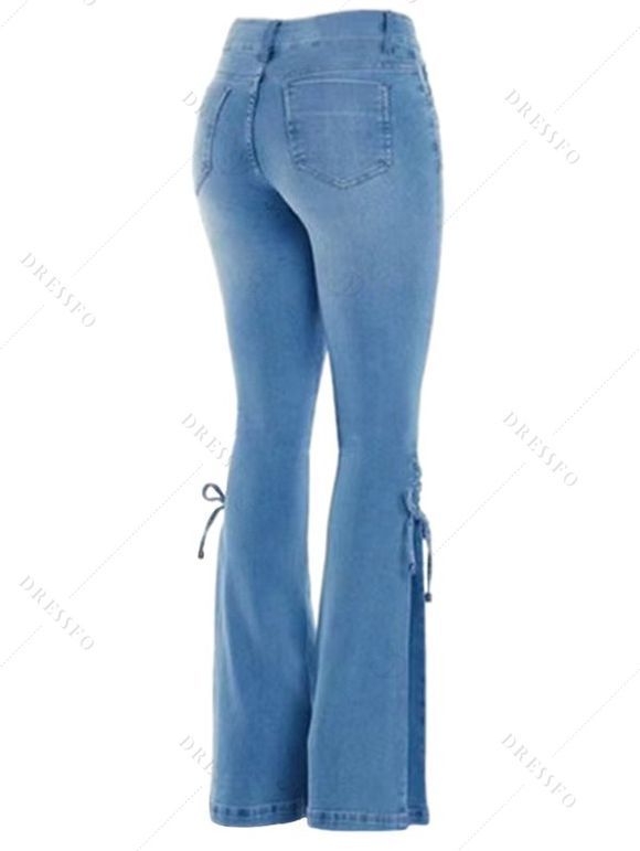 Christmas Women Outfit Watercolor Ombre Snowflake Print Foldover Off the Shoulder Top and Lace Up Pockets Demin Flare Jeans Set - Bleu S | US 4