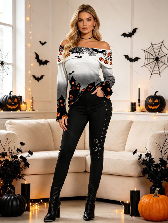 Halloween Gothic Women Outfit Haunted House Pumpkin Bat Spider Web Print Ombre Foldover Off the Shoulder Top and Buckle Lace Up Legging Set - Noir S | US 4