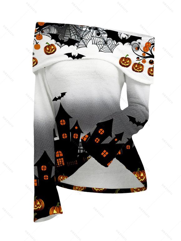 Halloween Gothic Women Outfit Haunted House Pumpkin Bat Spider Web Print Ombre Foldover Off the Shoulder Top and Buckle Lace Up Legging Set - Noir S | US 4