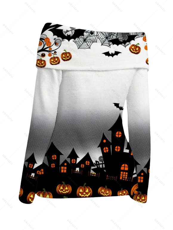 Halloween Gothic Women Outfit Haunted House Pumpkin Bat Spider Web Print Ombre Foldover Off the Shoulder Top and Buckle Lace Up Legging Set - Noir S | US 4