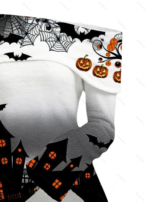 Halloween Gothic Women Outfit Haunted House Pumpkin Bat Spider Web Print Ombre Foldover Off the Shoulder Top and Buckle Lace Up Legging Set - Noir S | US 4