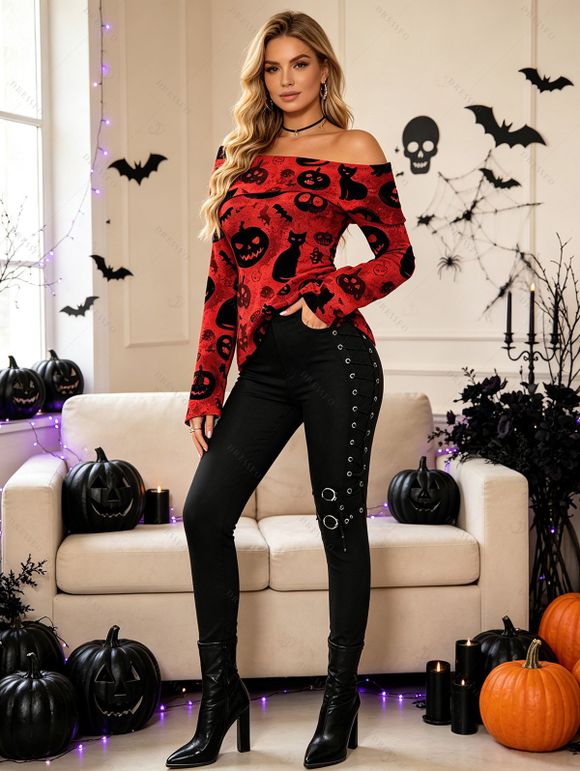 Gothic Halloween Women Outfit Black Cat Bat Pumpkin Print Foldover Off the Shoulder Top and Buckle Lace Up Legging Set - Rouge Vineux S | US 4