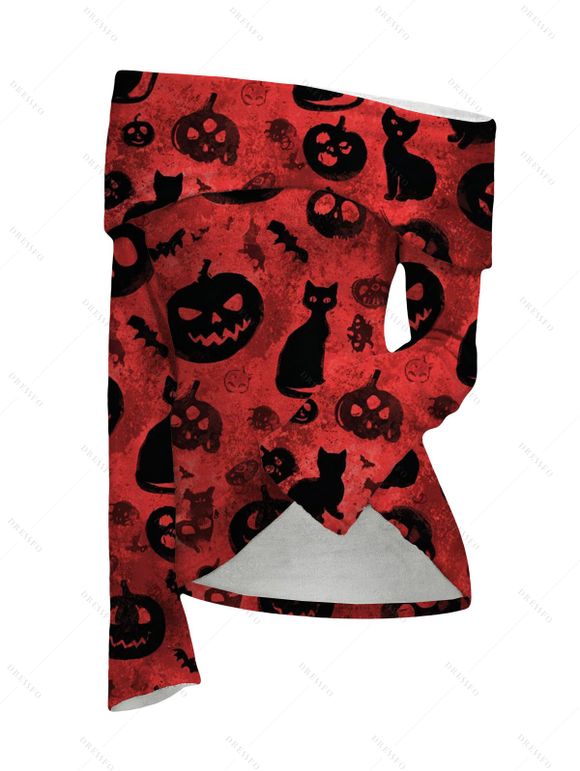 Gothic Halloween Women Outfit Black Cat Bat Pumpkin Print Foldover Off the Shoulder Top and Buckle Lace Up Legging Set - Rouge Vineux S | US 4