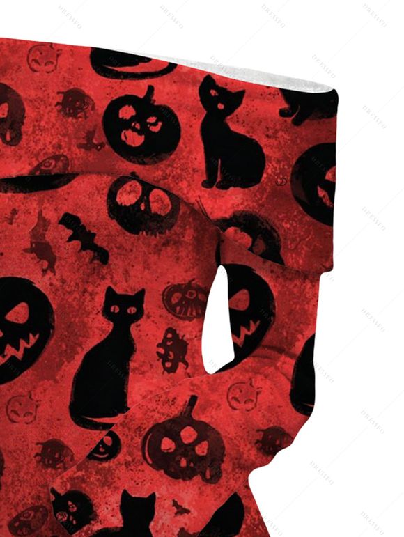 Gothic Halloween Women Outfit Black Cat Bat Pumpkin Print Foldover Off the Shoulder Top and Buckle Lace Up Legging Set - Rouge Vineux S | US 4