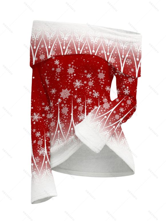 Christmas Women Outfit Ombre Snowflake Print Foldover Off the Shoulder Top and Topstitching Flare Jeans Set - Rouge Vineux S | US 4