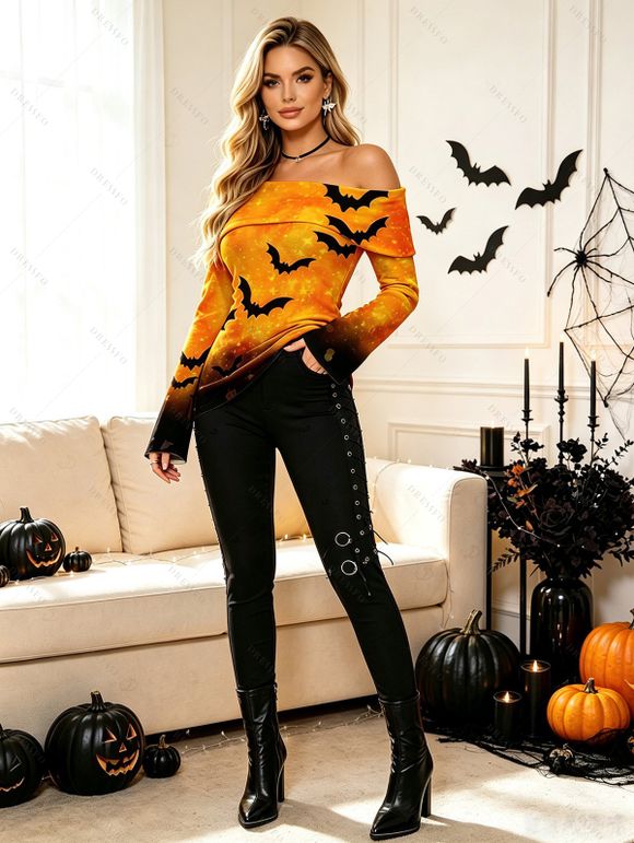 Halloween Women Outfit Galaxy Bat Print Ombre Foldover Off the Shoulder Top and Buckle Lace Up Leggings Set - Orange S | US 4