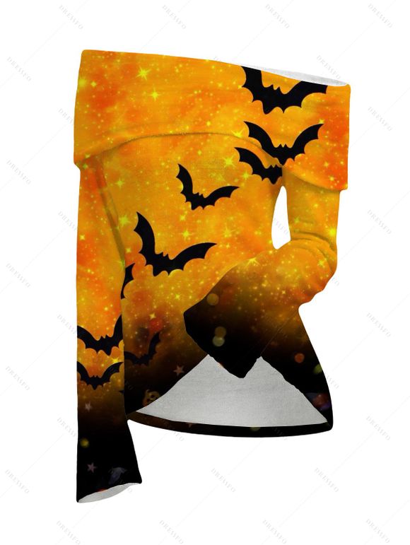 Halloween Women Outfit Galaxy Bat Print Ombre Foldover Off the Shoulder Top and Buckle Lace Up Leggings Set - Orange S | US 4