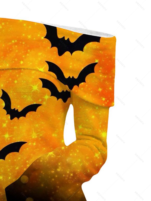 Halloween Women Outfit Galaxy Bat Print Ombre Foldover Off the Shoulder Top and Buckle Lace Up Leggings Set - Orange S | US 4