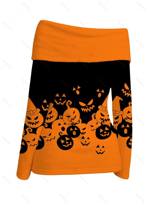 Halloween Top Cartoon Pumpkin Print Colorblock Foldover Off the Shoulder Top - Orange XL | US 12