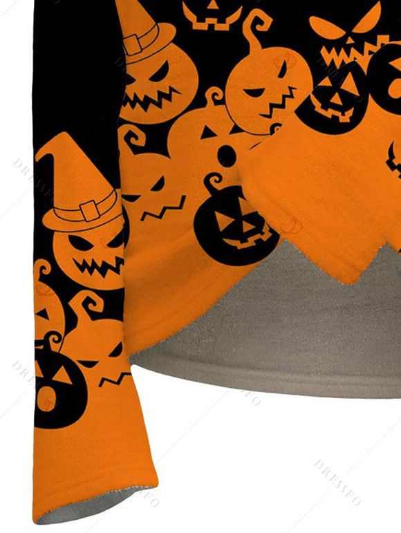Halloween Top Cartoon Pumpkin Print Colorblock Foldover Off the Shoulder Top - Orange XL | US 12