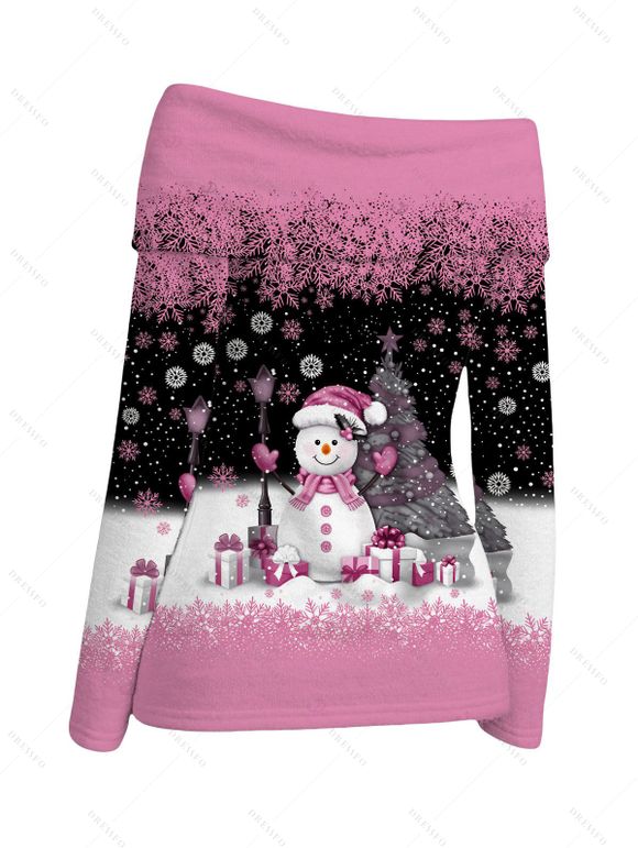 Christmas Top Colorblock Snowman Snowflake Gift Print Foldover Off the Shoulder Top - Rose XL | US 12