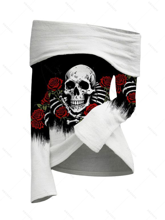 Halloween Women Outfit Colorblock Skulls Rose Floral Print Foldover Long Sleeve Top and Buckle Hollow Out Pants Set - Noir S | US 4