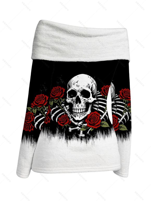 Halloween Women Outfit Colorblock Skulls Rose Floral Print Foldover Long Sleeve Top and Buckle Hollow Out Pants Set - Noir S | US 4
