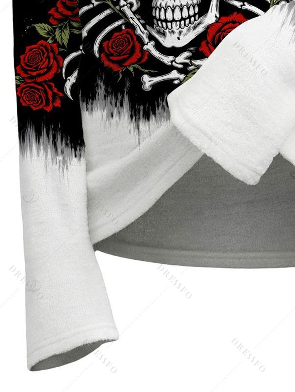 Halloween Top Colorblock Skulls Rose Floral Print Foldover Long Sleeve Top - Noir XL | US 12