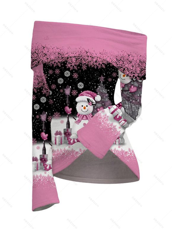 Christmas Women Outfit Colorblock Snowman Snowflake Gift Print Foldover Off the Shoulder Top and Lace Up Flare Jeans Set - Rose S | US 4