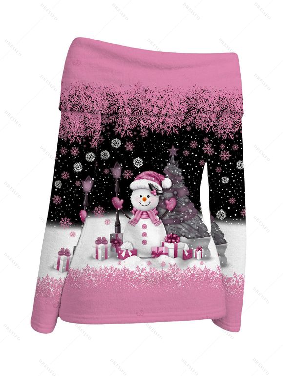 Christmas Women Outfit Colorblock Snowman Snowflake Gift Print Foldover Off the Shoulder Top and Lace Up Flare Jeans Set - Rose S | US 4