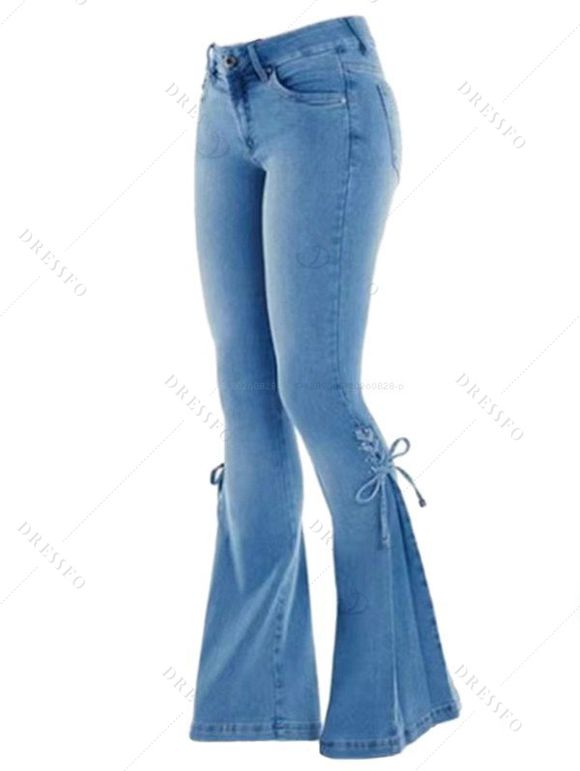 Daily Women Outfit Bowknot Geometric Heart Print Foldover Off the Shoulder Top and Lace Up Flare Jeans Set - Blanc S | US 4