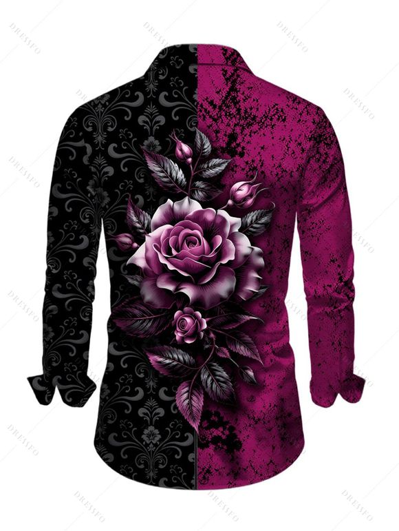 Men's Gothic Shirt Colorblock Rose Floral Leaf Print Button Up Long Sleeve Shirt - Noir XL