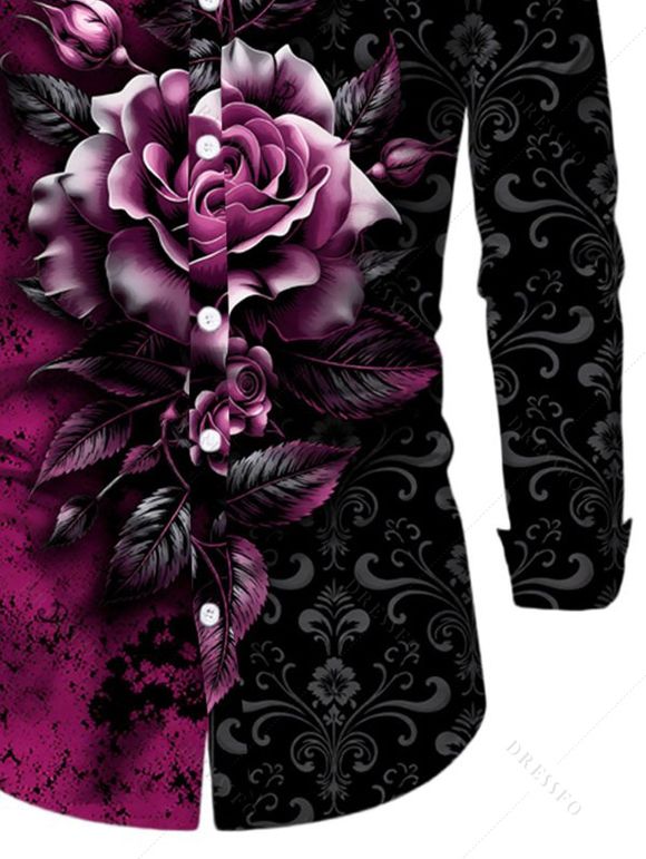 Men's Gothic Shirt Colorblock Rose Floral Leaf Print Button Up Long Sleeve Shirt - Noir XL