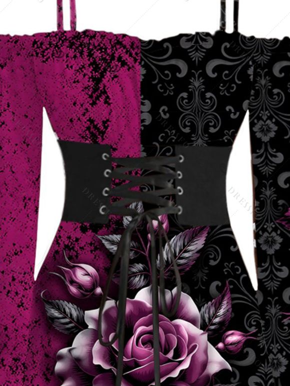 Gothic Dress Colorblock Rose Floral Leaf Print Lace Up Belt Ruffle Off the Shoulder Bell Sleeve Handkerchief Dress - Noir XXL | US 14