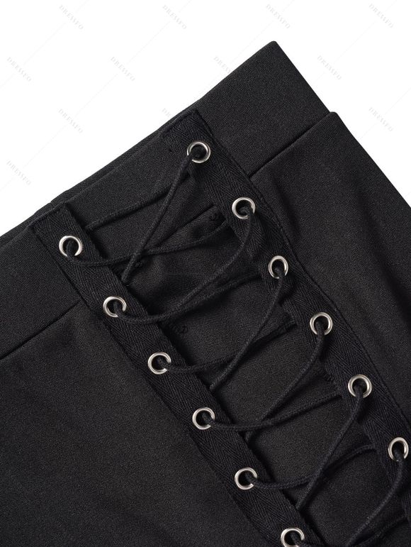 Gothic Women Outfit Barbed Wire Skull Print Foldover Off the Shoulder Top and Buckle Lace Up Leggings Set - Rouge Vineux S | US 4