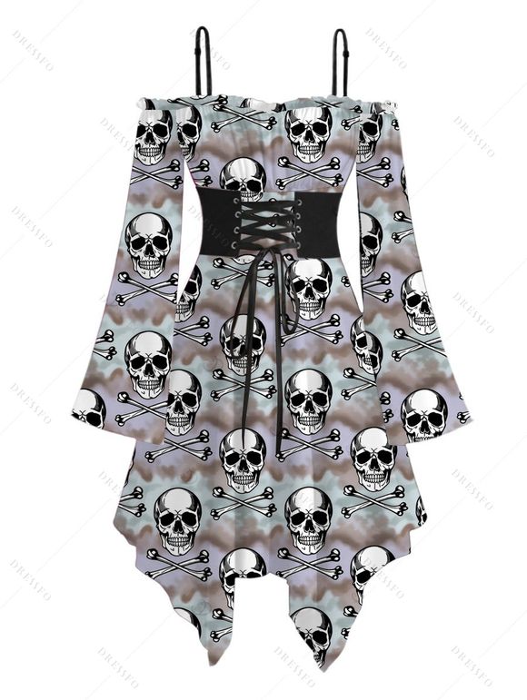 Gothic Couple Outfit Camo Smoke Skull Print Off the Shoulder Lace Up Belt Handkerchief Dress and Long Sleeve Shirt Set - multicolor S | US 4