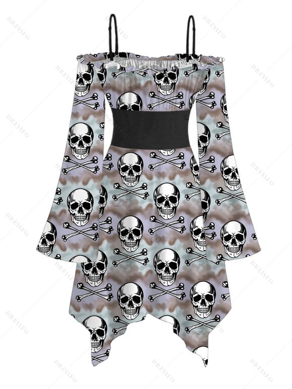 Gothic Couple Outfit Camo Smoke Skull Print Off the Shoulder Lace Up Belt Handkerchief Dress and Long Sleeve Shirt Set - multicolor S | US 4
