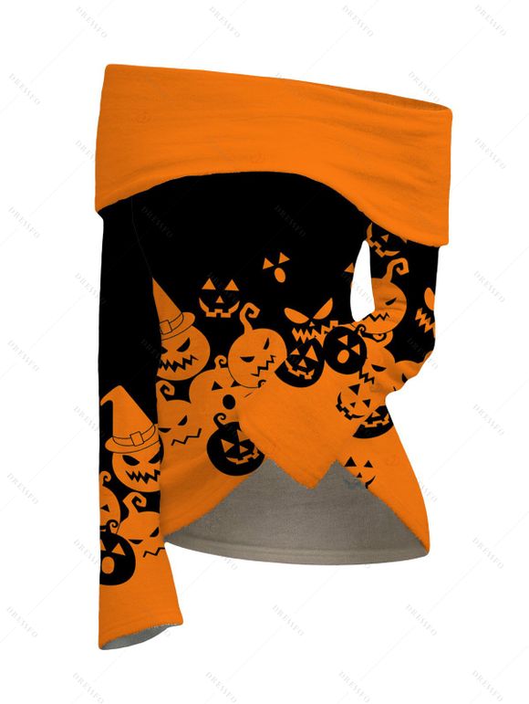 Halloween Women Outfit Cartoon Pumpkin Print Colorblock Foldover Off the Shoulder Top and Grommet Hollow Out Pants Set - Orange S | US 4