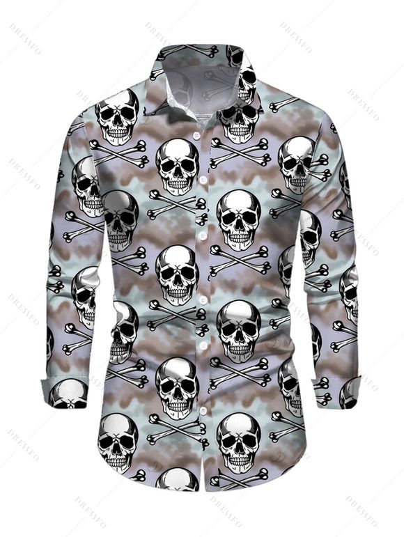 Gothic Couple Outfit Camo Smoke Skull Print Off the Shoulder Lace Up Belt Handkerchief Dress and Long Sleeve Shirt Set - multicolor S | US 4