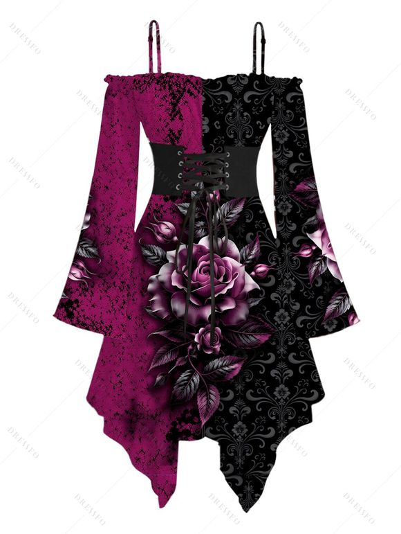 Gothic Couple Outfit Colorblock Rose Leaf Print Lace Up Belt Off the Shoulder Handkerchief Dress and Long Sleeve Shirt Set - Noir S | US 4