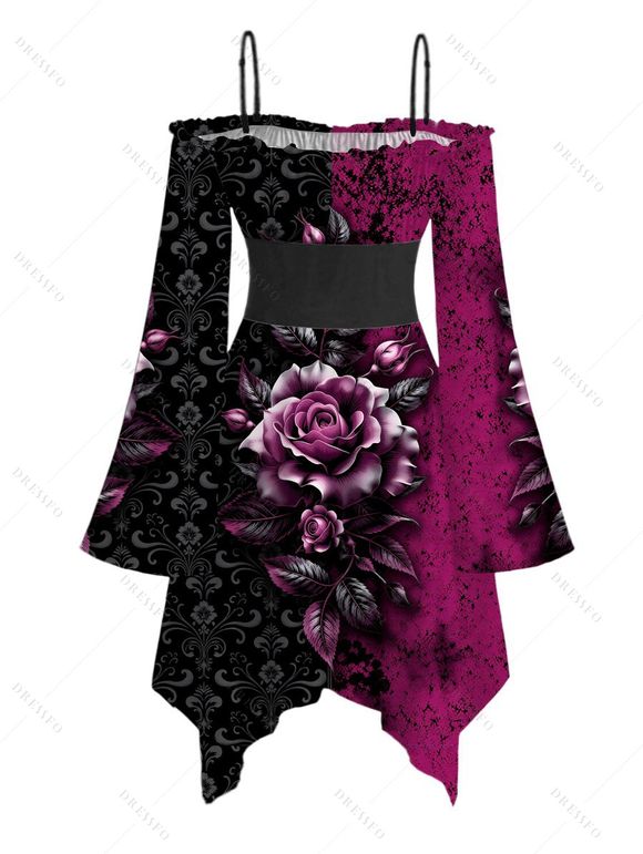 Gothic Couple Outfit Colorblock Rose Leaf Print Lace Up Belt Off the Shoulder Handkerchief Dress and Long Sleeve Shirt Set - Noir S | US 4
